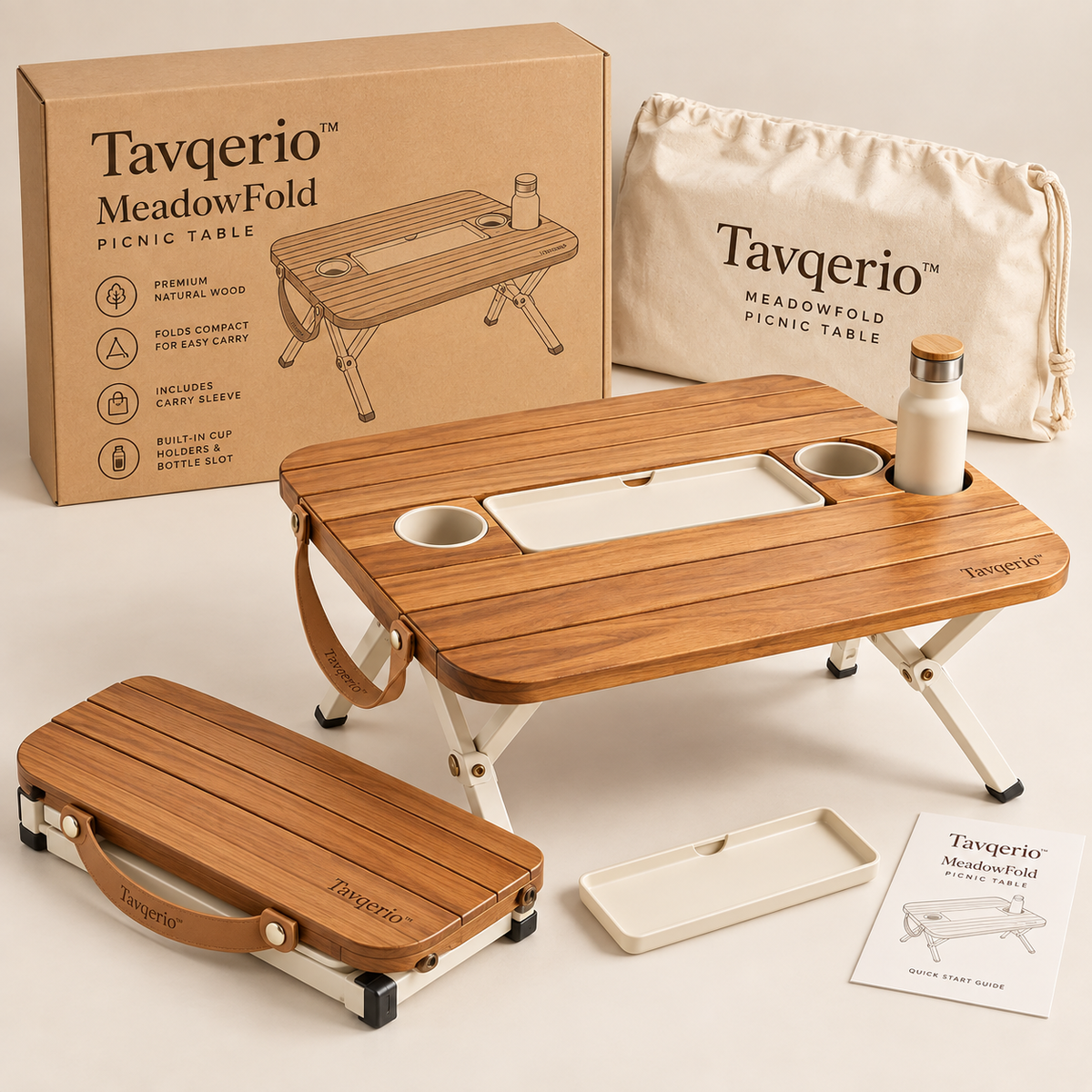 MeadowFold Picnic Table  Portable Folding Picnic Table with Removable Serving Tray & Integrated Drink Holders