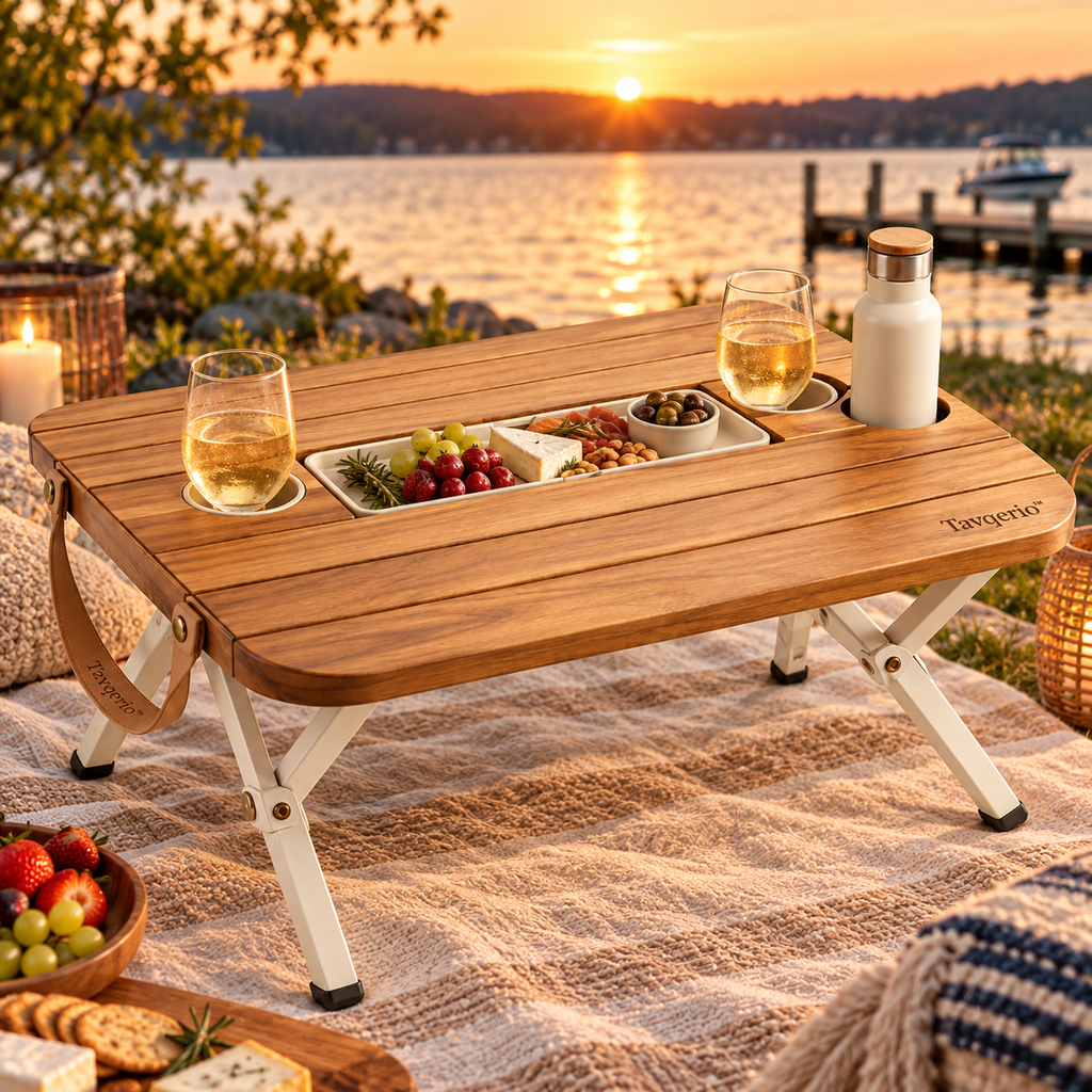 MeadowFold Picnic Table  Portable Folding Picnic Table with Removable Serving Tray & Integrated Drink Holders